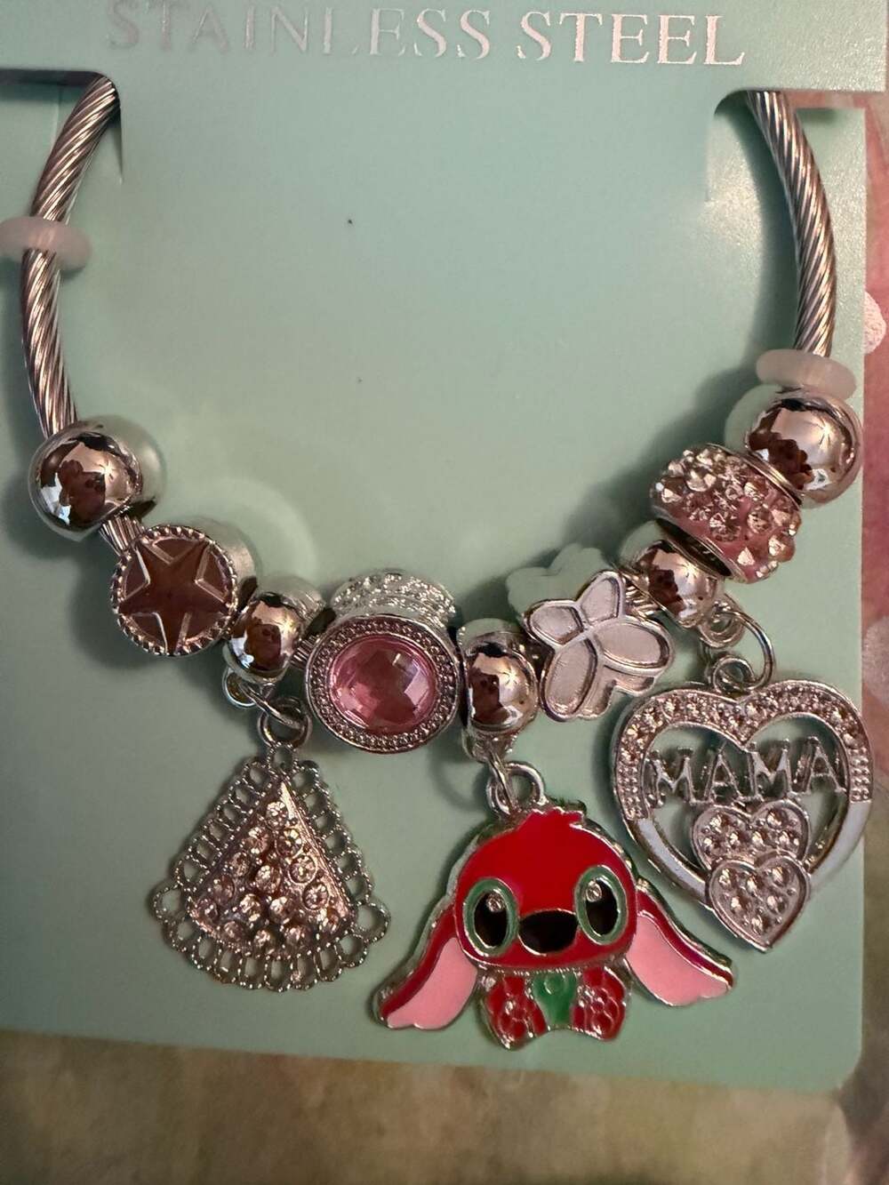 Disney Lilo & Stitch Stainless Steel Mama Charm Bracelet with Rhinestone Accents